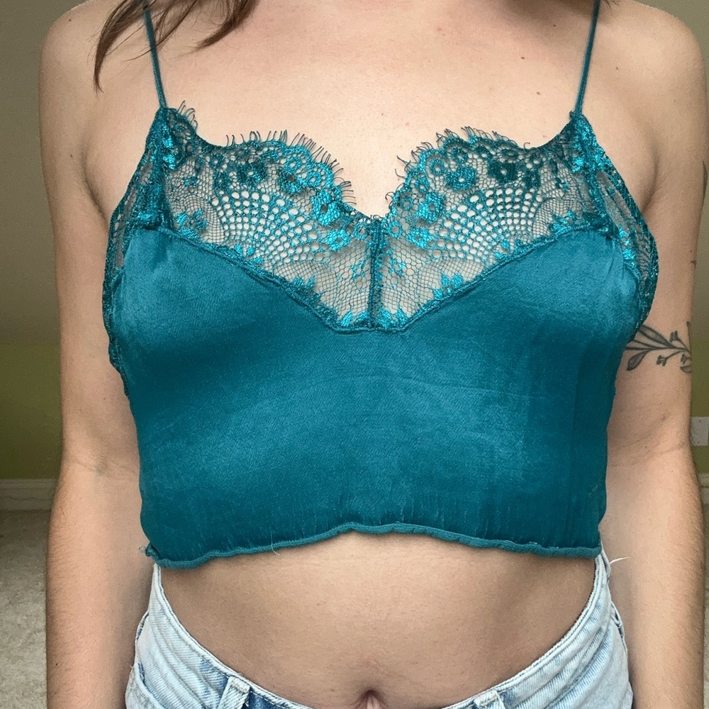 Teal satin and lace crop top